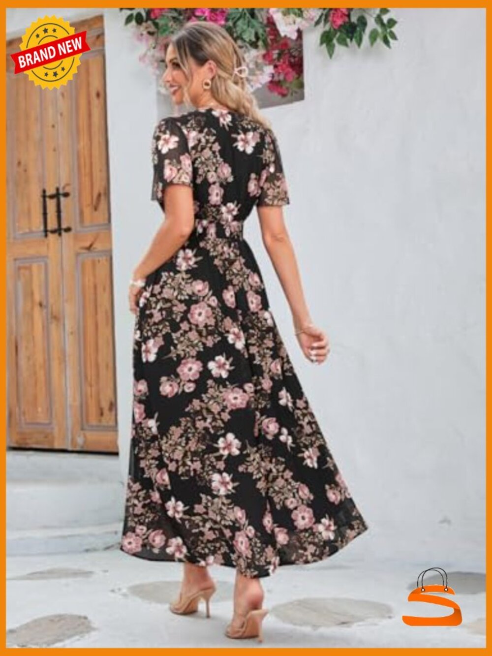 Boho Floral Maxi Dress Flowy V-Neck Short Sleeve Casual Wedding Guest - Picture 4 of 5